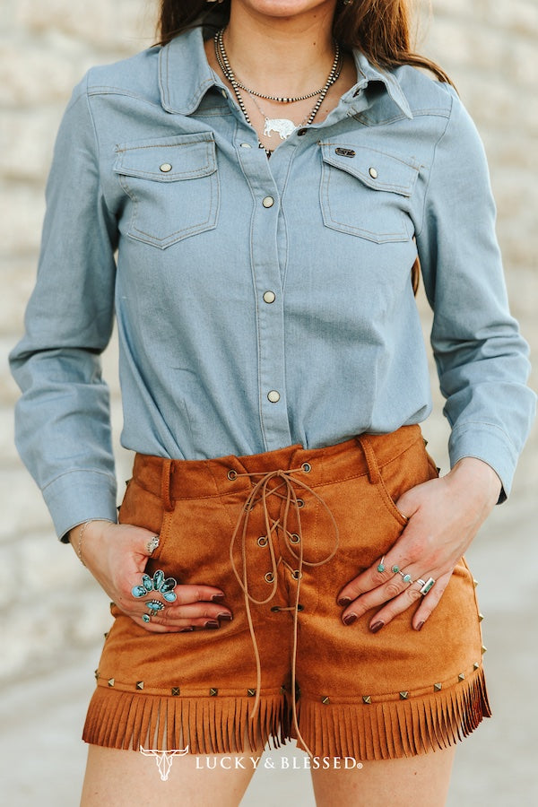 Lucky & Blessed Light Wash Stretch Denim Long Sleeve Western Printed Shirt