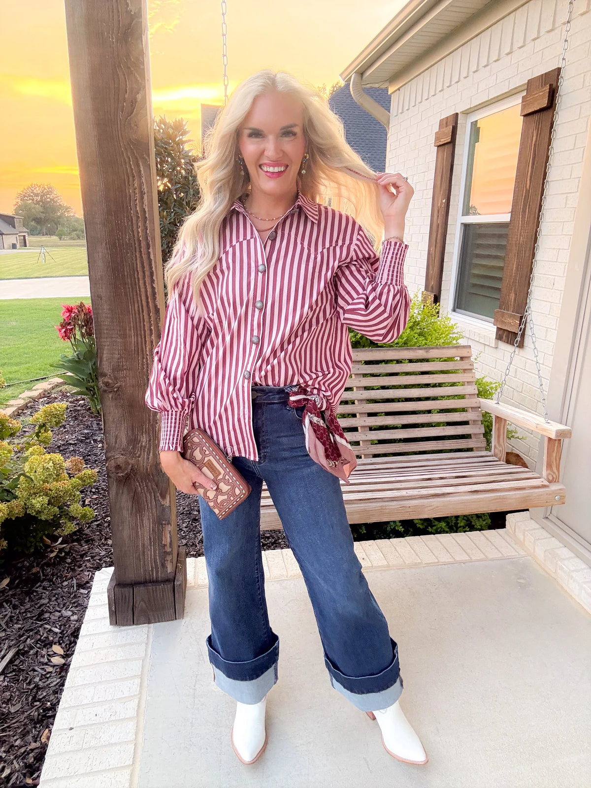 2 Fly Co Line Dance Honey Women's Stripe Blouse - Pink