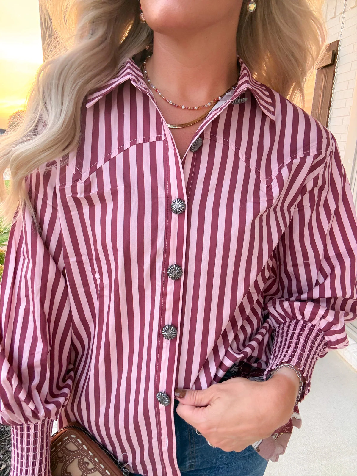 2 Fly Co Line Dance Honey Women's Stripe Blouse - Pink