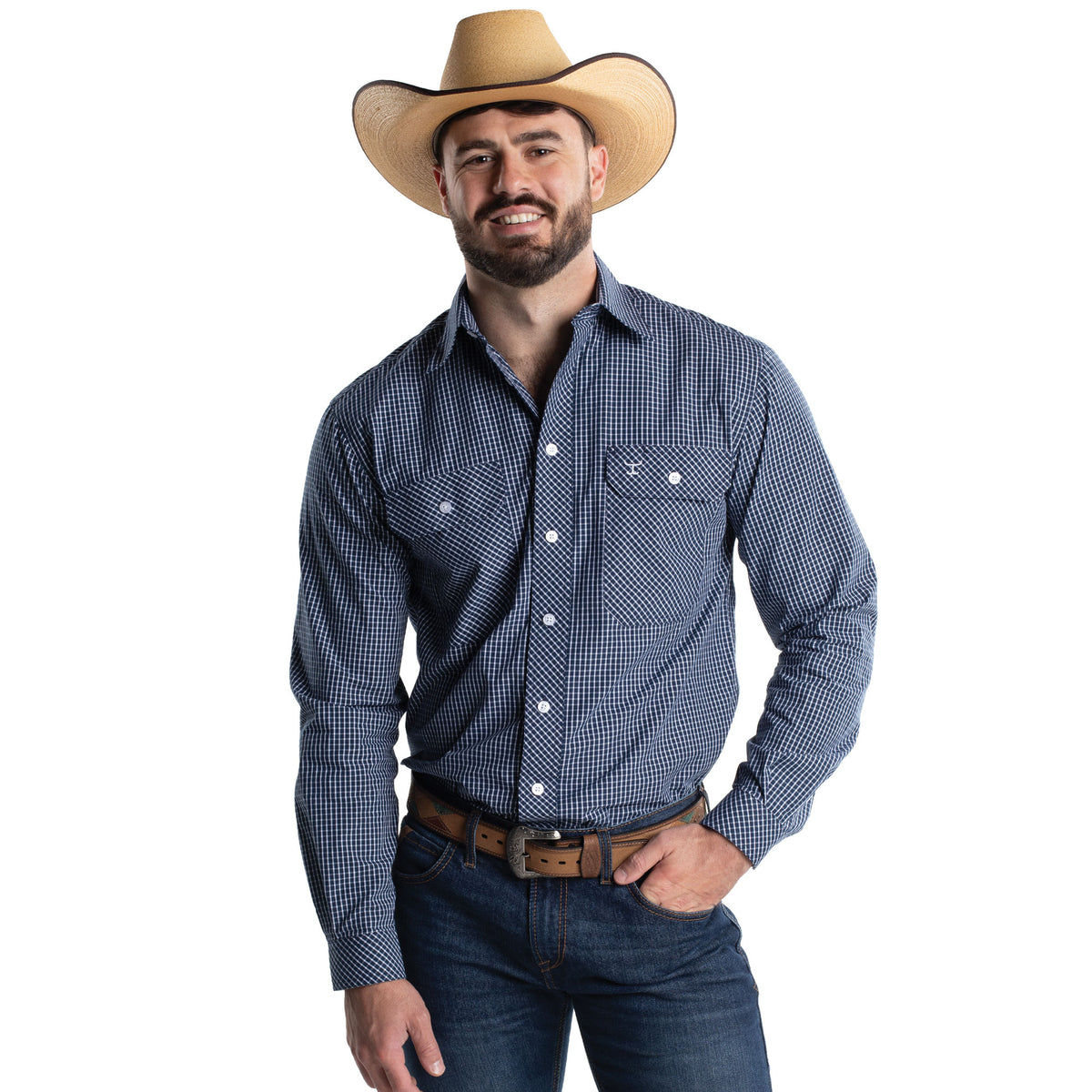 Just Country Men's Austin Full Button Print Workshirt Patriot Blue & White Plaid