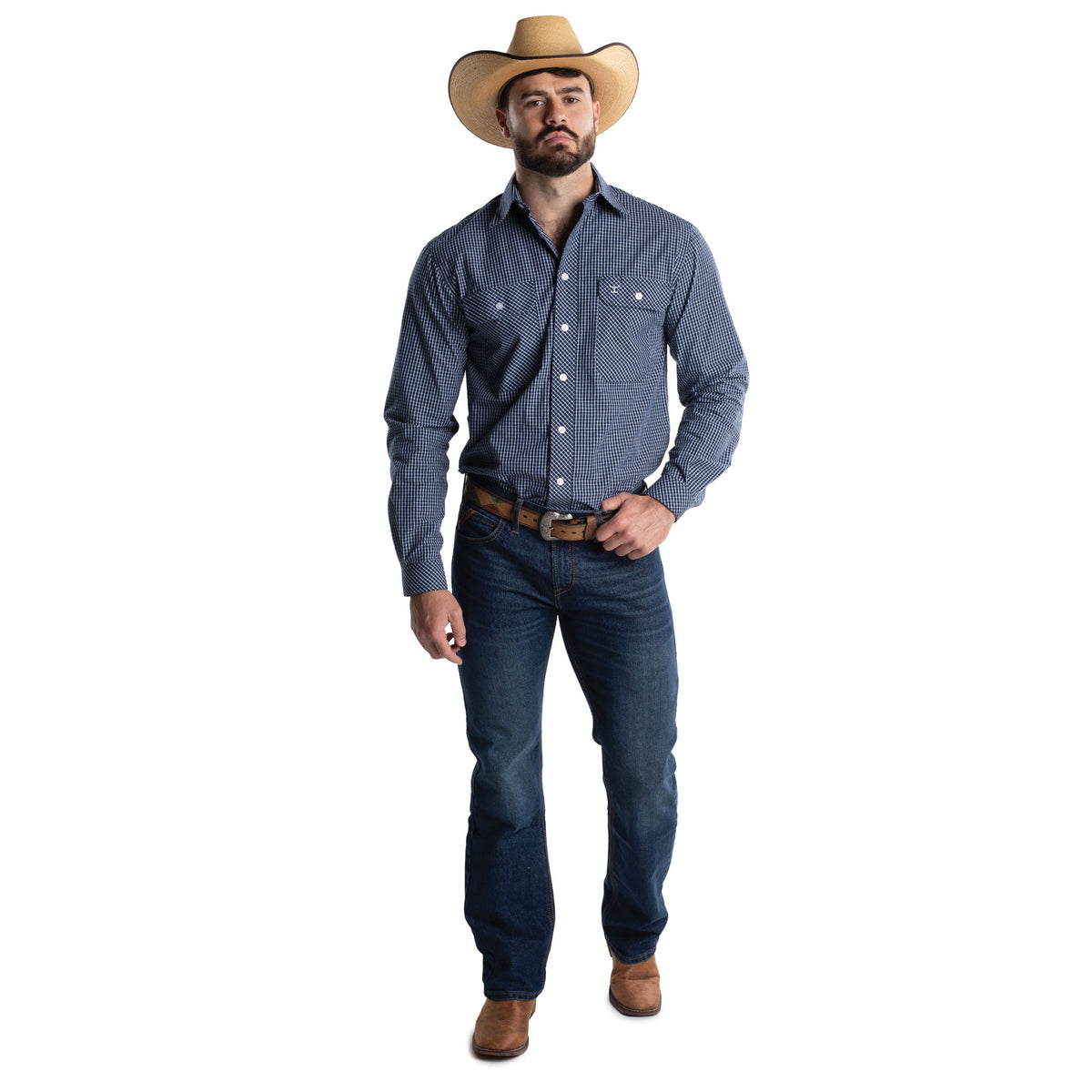 Just Country Men's Austin Full Button Print Workshirt Patriot Blue & White Plaid