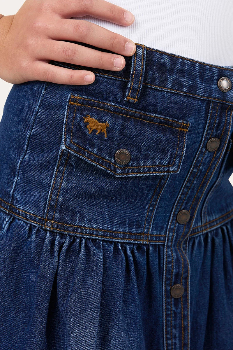 Ringers Western Marlowe Youth Girls Denim Midi Skirt - Classic Blue