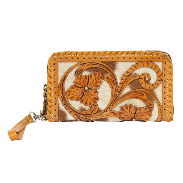 The Design Edge Women's Cowhide Zippered Wallet with Tooled Cutwork – AW36 – Marsala