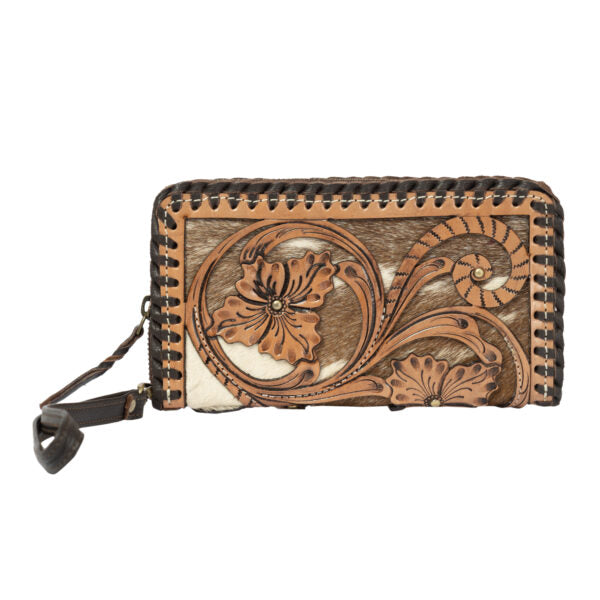 The Design Edge Women's Cowhide Zippered Wallet with Tooled Cutwork – AW36 – Marsala
