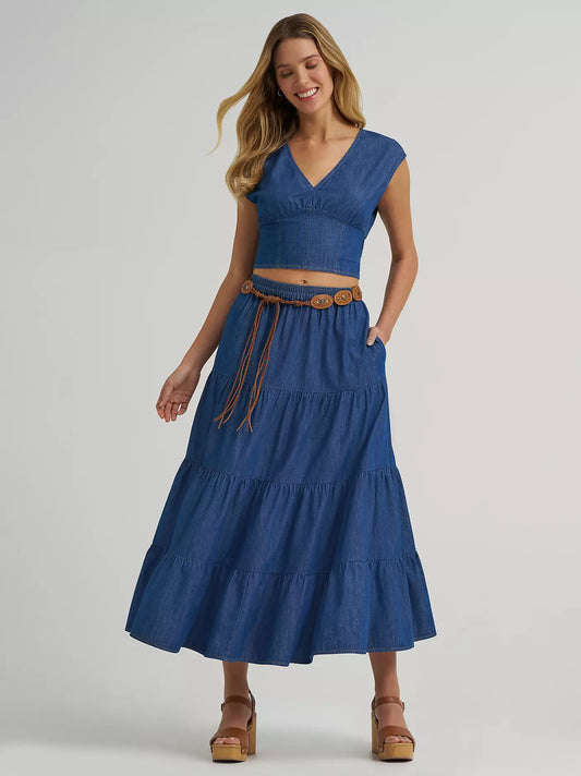Wrangler Women's Denim Tiered Maxi Skirt - Dark Denim