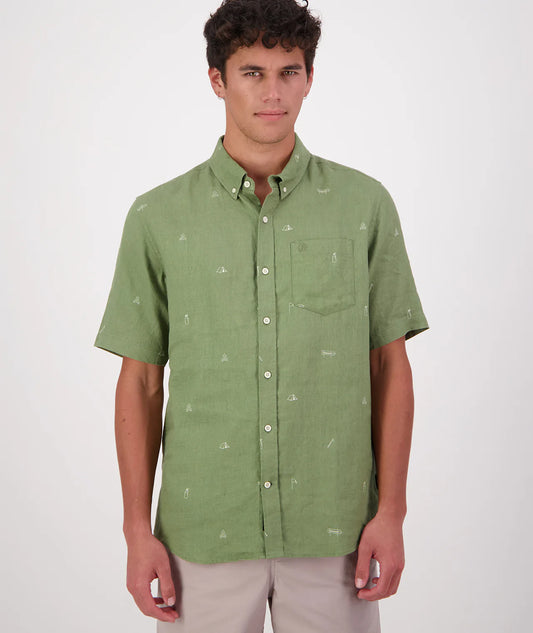Swanndri Men's Camp Vibes Linen Short Sleeve Shirt - Clover/Lt Taupe
