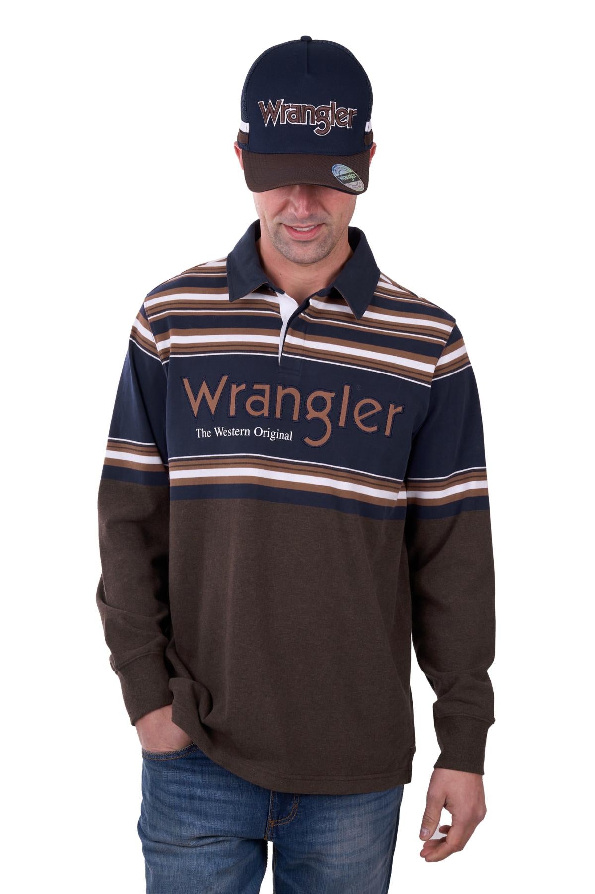 Wrangler Men’s Nico Stripe Rugby - TAN MARLE/NAVY