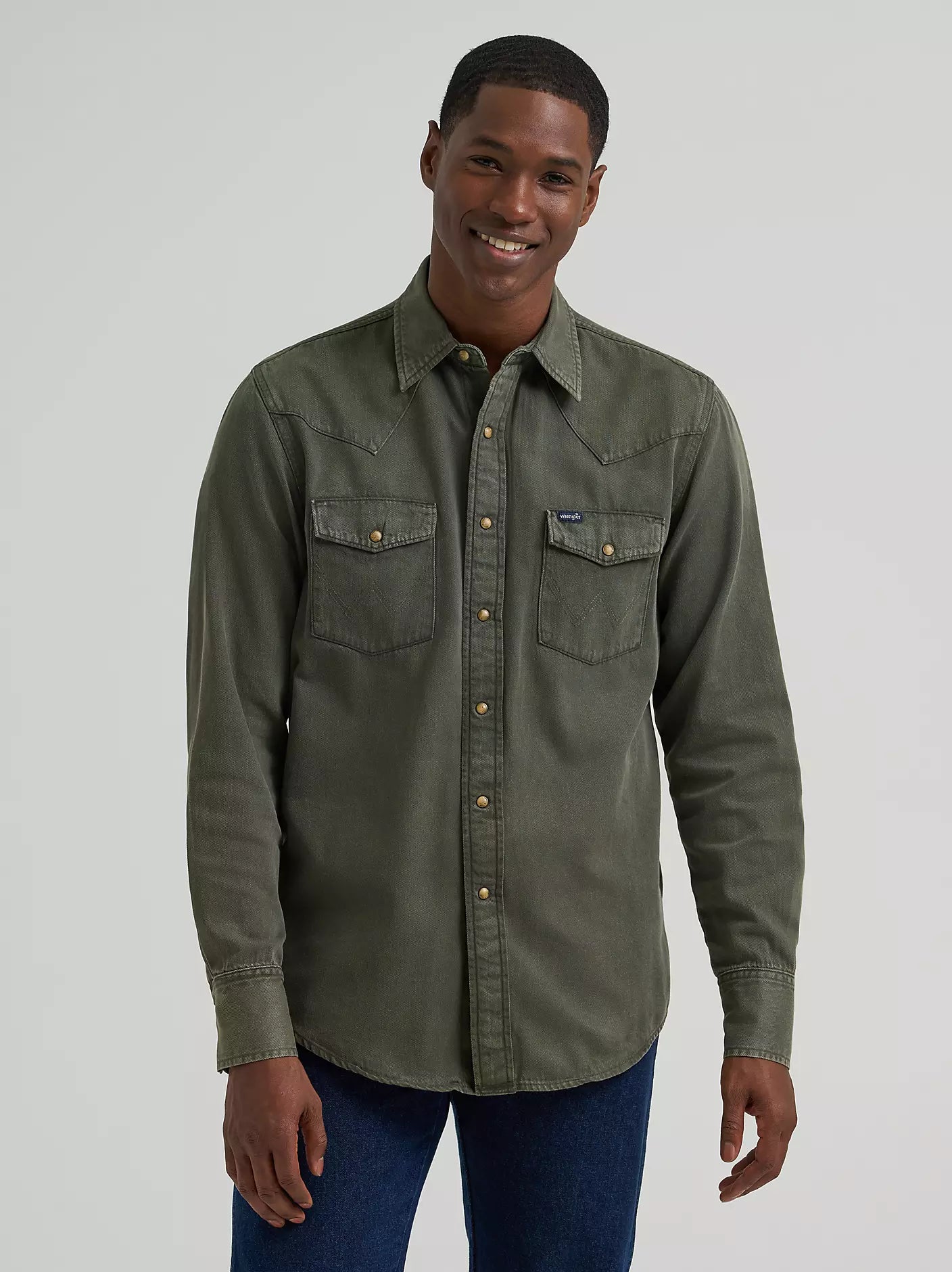 Wrangler® Men's Colorwash Denim Western Snap Shirt - Olive Denim