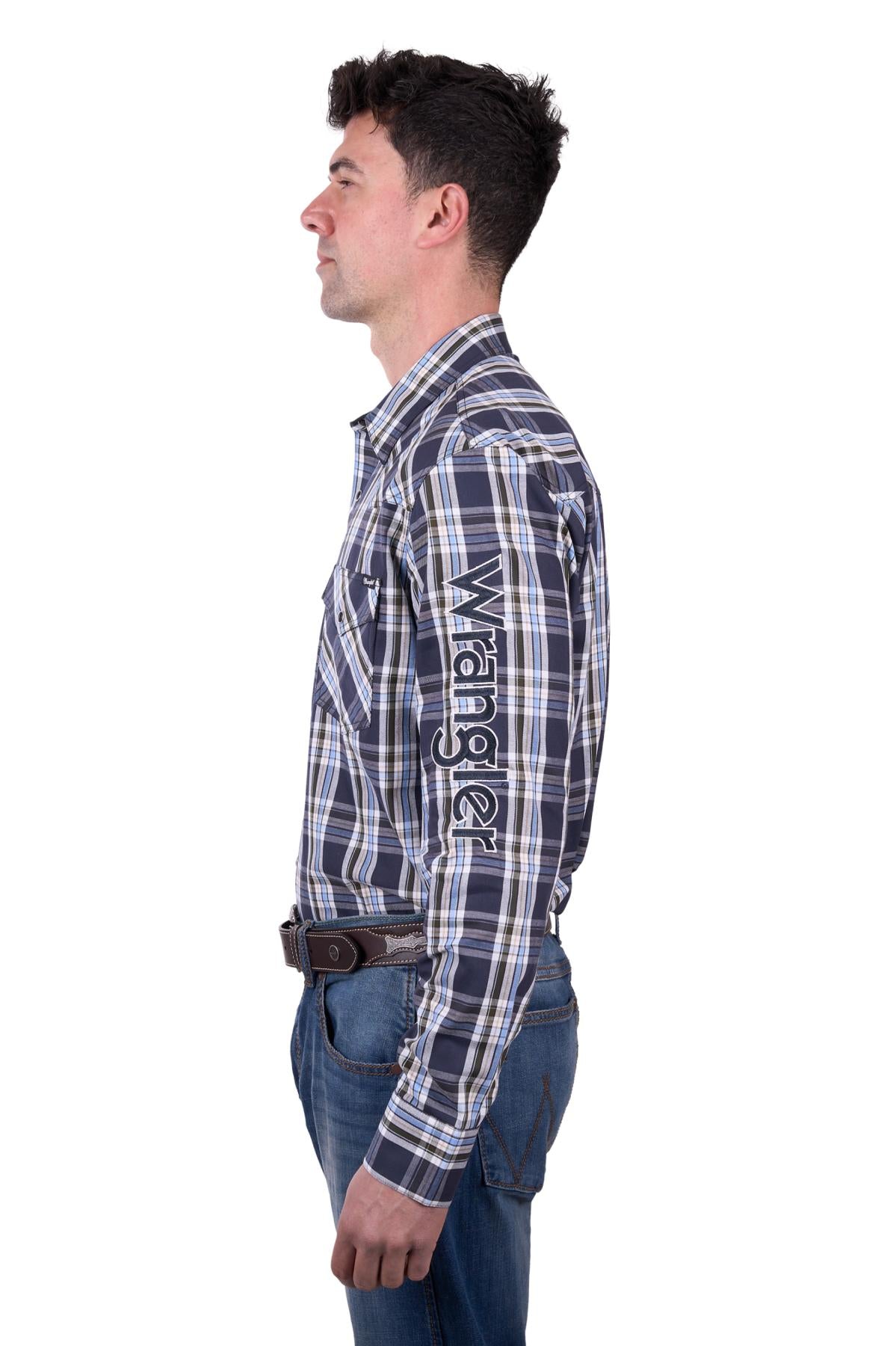 Wrangler Men’s Finn Check Logo Western Long Sleeve Shirt - CHARCOAL/BLUE