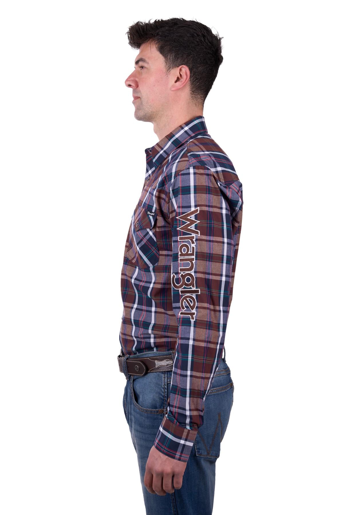 Wrangler Men’s Milo Check Logo Western Long Sleeve Shirt - TAN/NAVY
