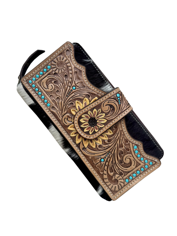 The Design Edge Women's Cowhide Sunflower Tooling Leather Zippered Wallet – AW34 – Merida