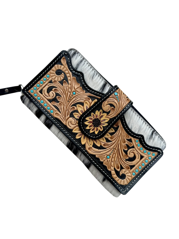 The Design Edge Women's Cowhide Sunflower Tooling Leather Zippered Wallet – AW34 – Merida