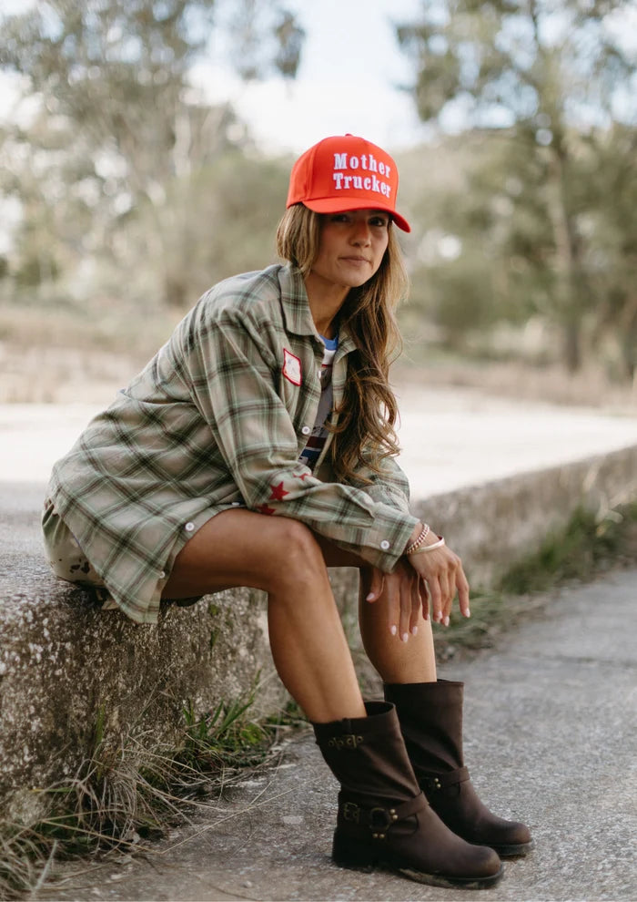 FAR MER Military Check Boyfriend Button Up