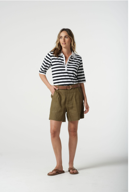 Goondiwindi Cotton ¾ Sleeve Stripe Polo - White/Navy