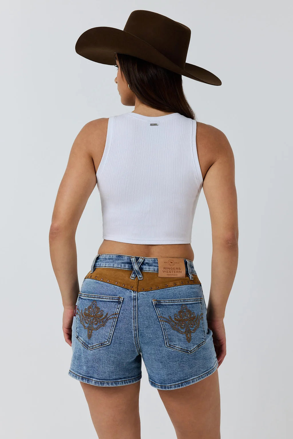 Ringers Western Nashville Womens Faux Suede Trim Short - Mid Blue