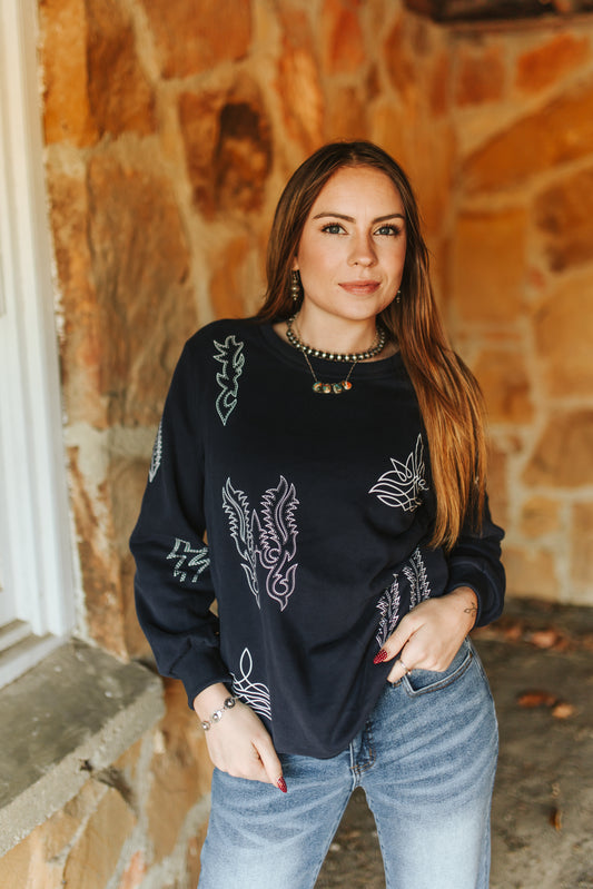 Lucky & Blessed Navy Boot-stitch Western Printed Round Neck Pull Over Sweater