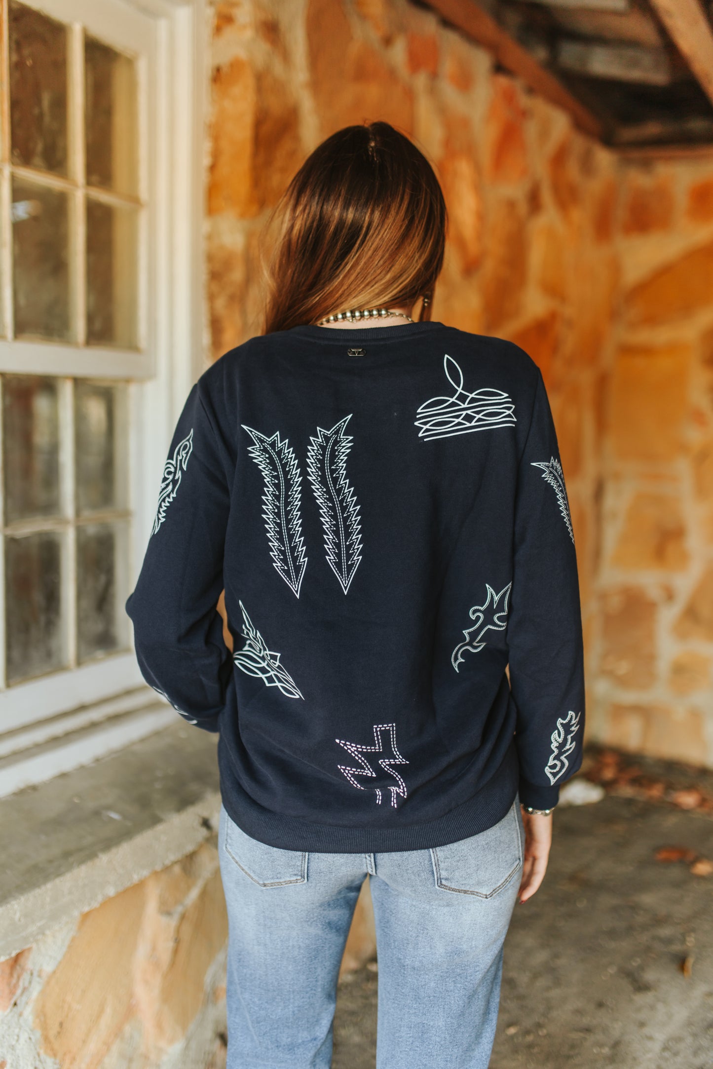 Lucky & Blessed Navy Boot-stitch Western Printed Round Neck Pull Over Sweater