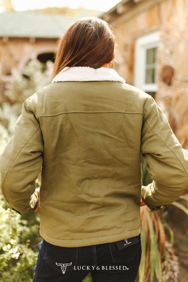 Lucky & Blessed Olive Canvas Jacket with Sherpa Lined Collar Plus Size