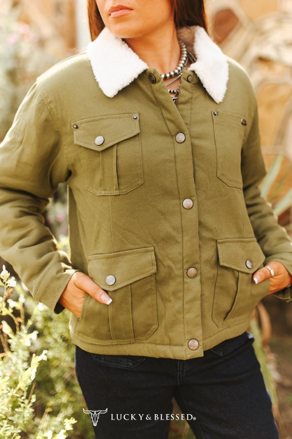 Lucky & Blessed Olive Canvas Jacket with Sherpa Lined Collar Plus Size