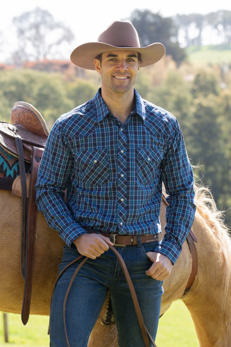 PURE WESTERN MENS ROWAN LONG SLEEVE SHIRT (NAVY/RED)