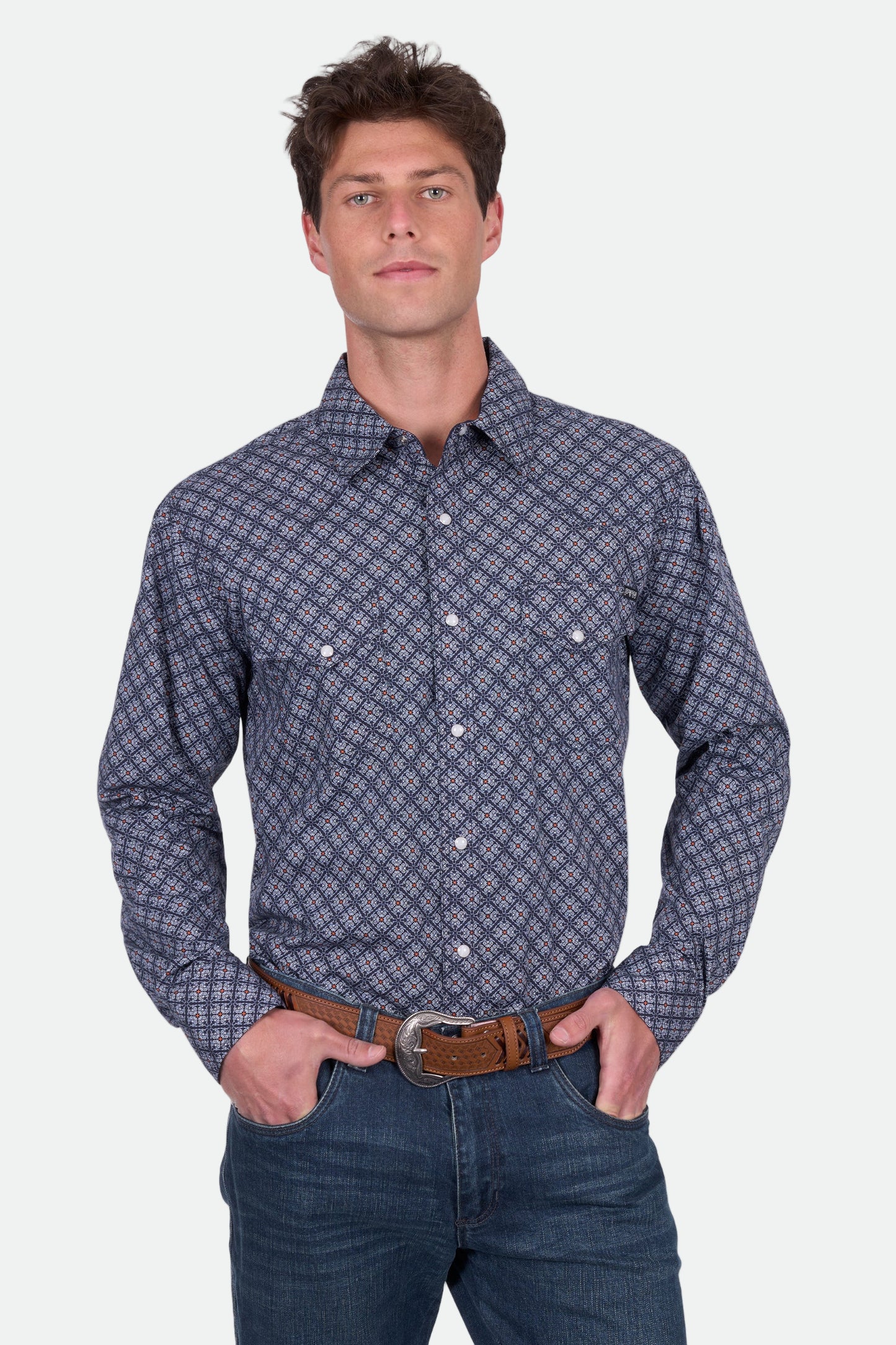 Pure Western Men's Douglas Ls Shirt - Navy/White