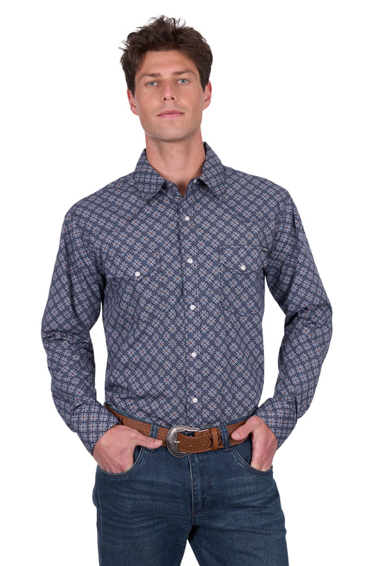 Pure Western Men's Douglas Ls Shirt - Navy/White