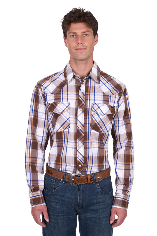 Pure Western Men's George Ls Shirt - Dark Tan/Blue