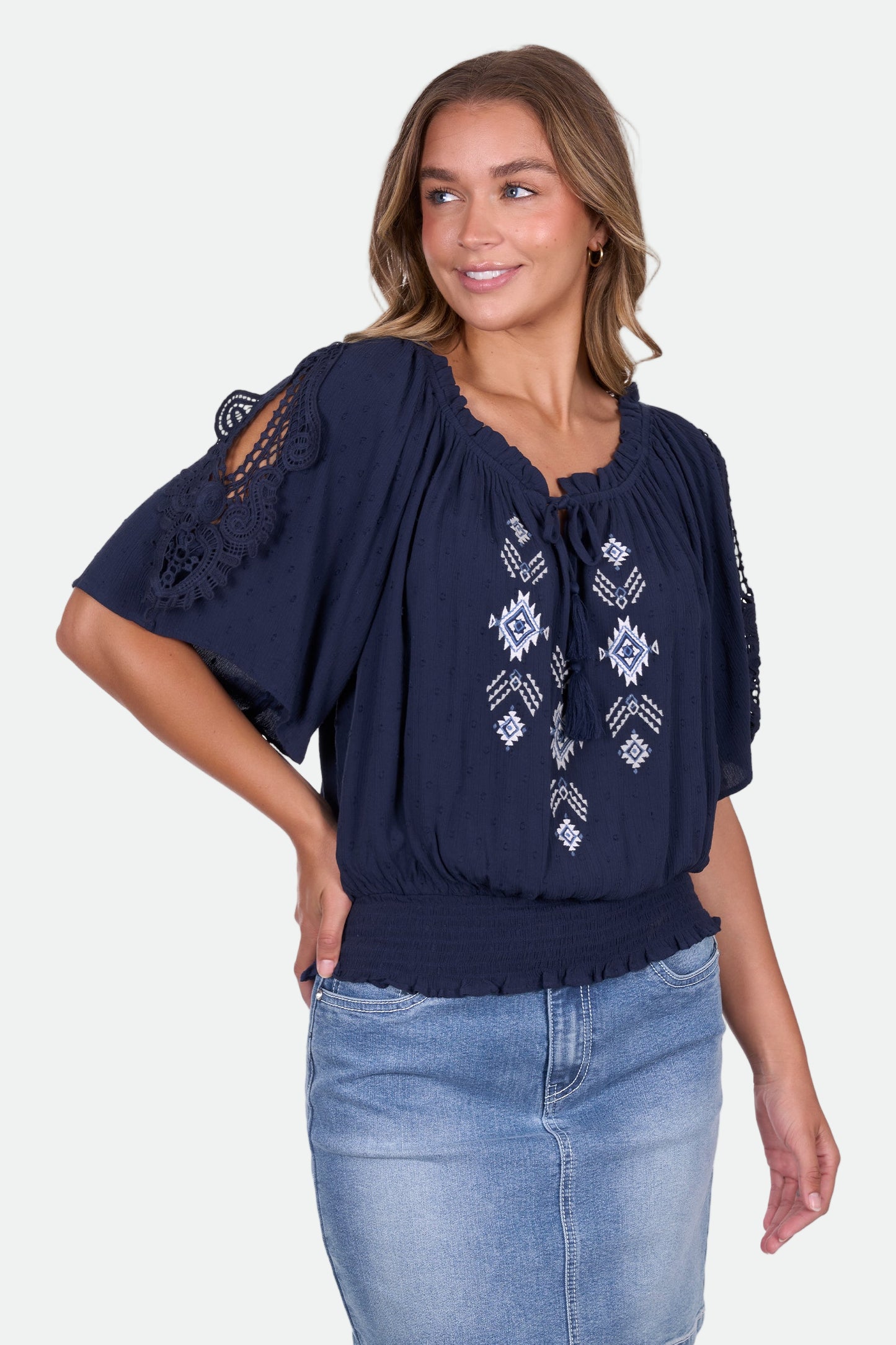 Pure Western Women's Deannie Ss Blouse - Navy