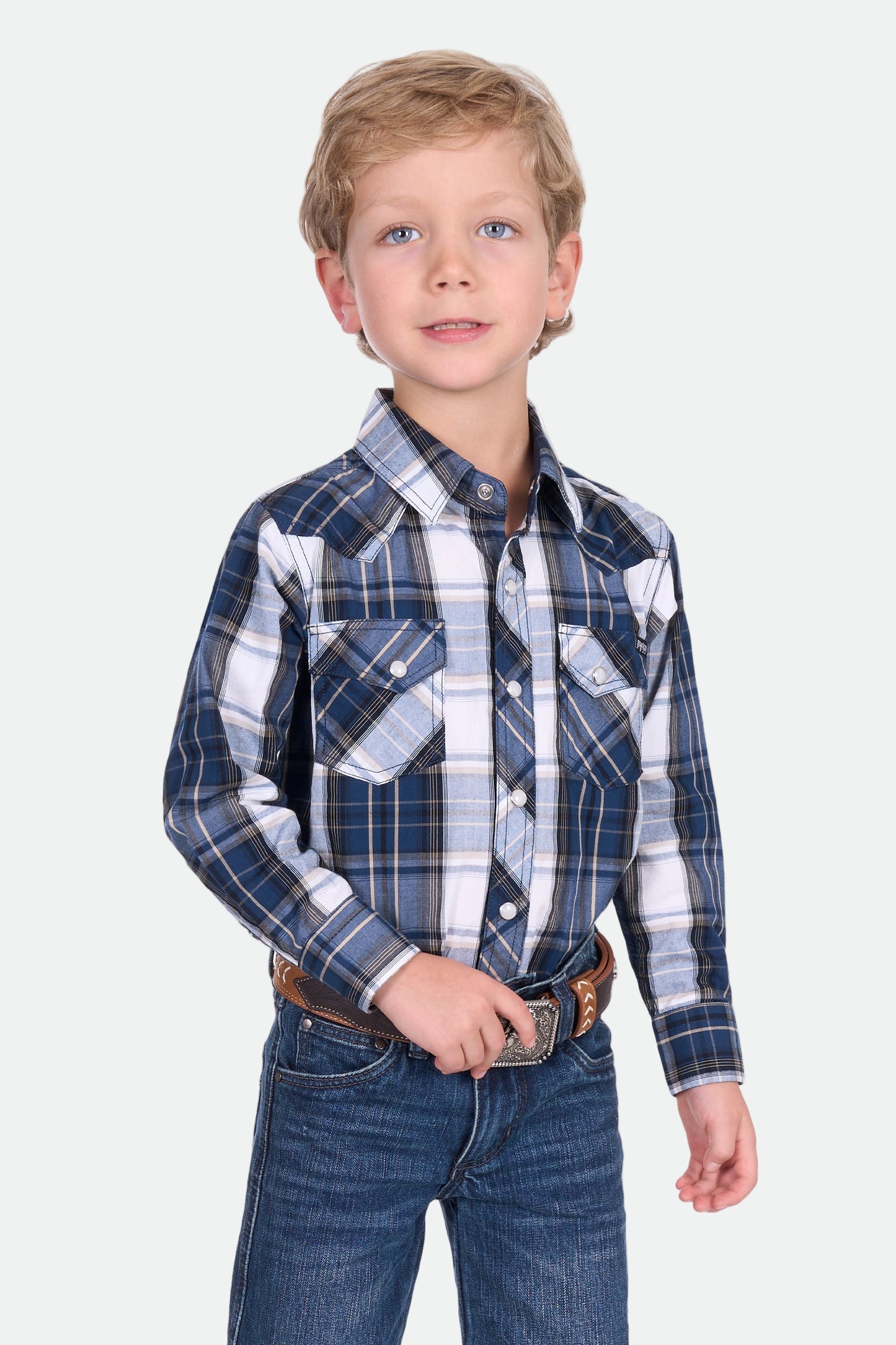 Pure Western Boy's Nicholas Ls Shirt - Navy/Tan