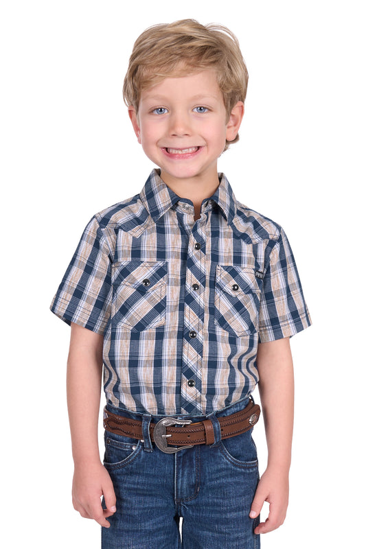 Pure Western Boy's Peter Ss Shirt - Navy/Tan
