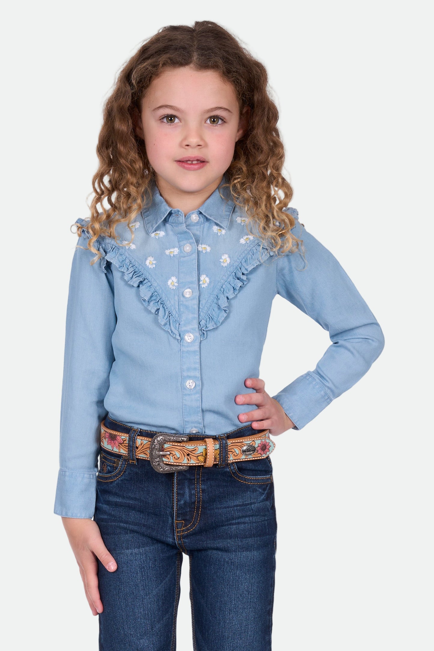 Pure Western Girl's Pheobe Ls Shirt - Blue