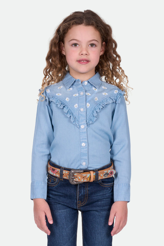 Pure Western Girl's Pheobe Ls Shirt - Blue