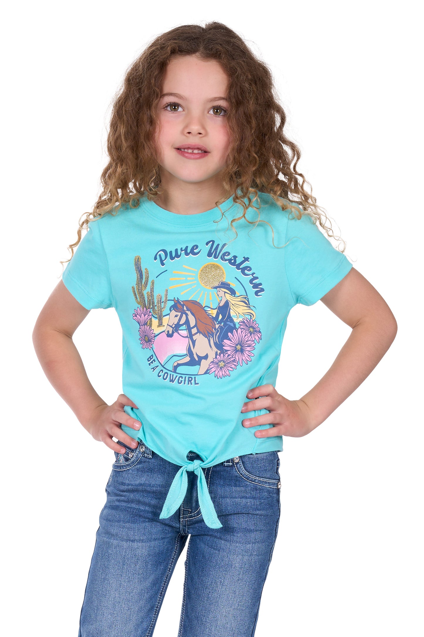 Pure Western Girl's Clover Ss Tee - Turqouise