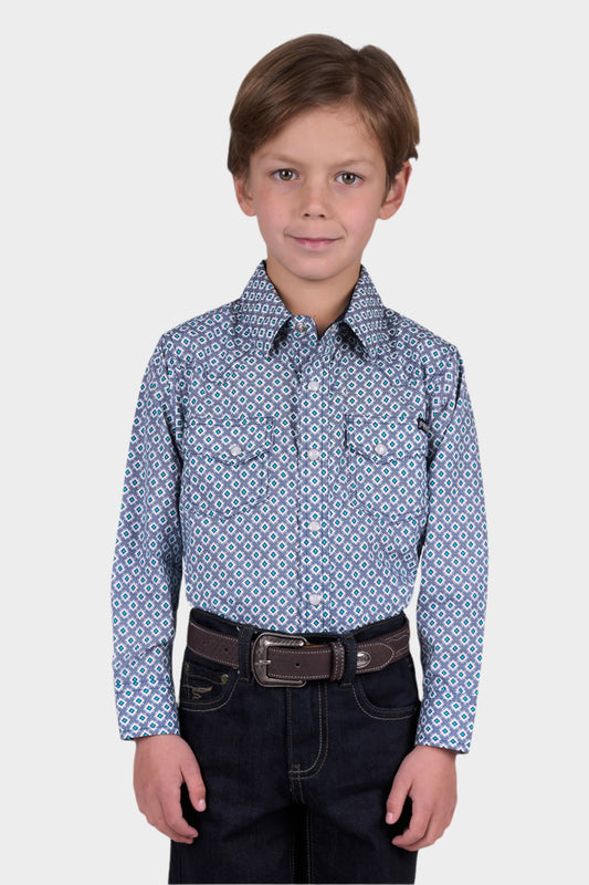 Pure Western Boy’s Mark Print Long Sleeve Shirt - Navy/Teal