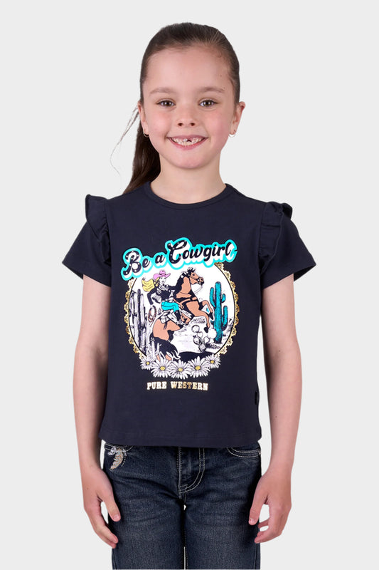 Pure Western Girl’s Milla Frill Short Sleeve Tee - Navy