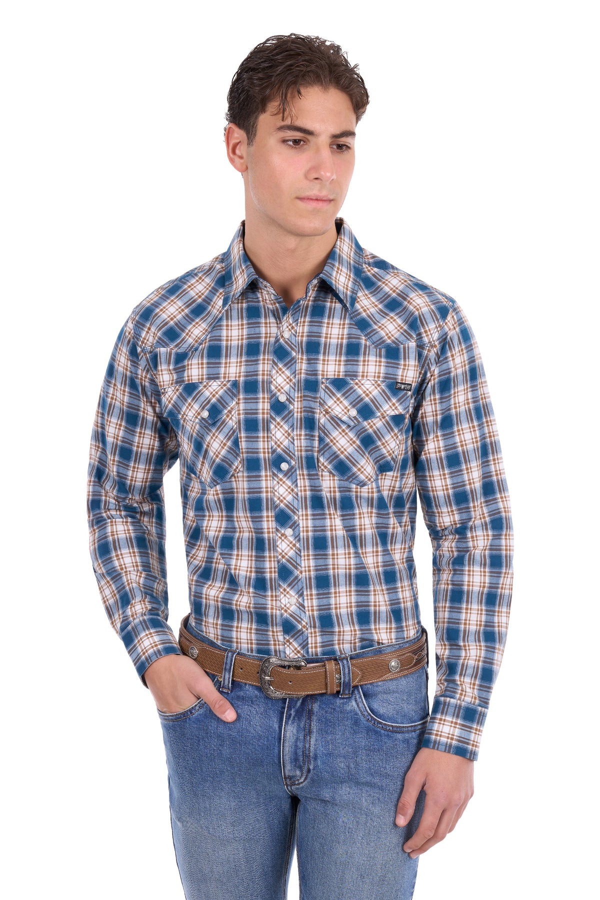 Pure Western Men’s Todd Long Sleeve Shirt – Navy/Tan