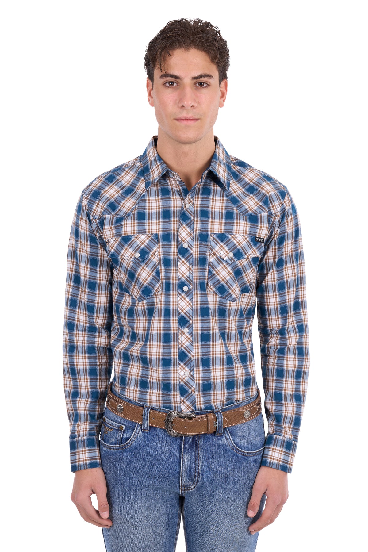 Pure Western Men’s Todd Long Sleeve Shirt – Navy/Tan