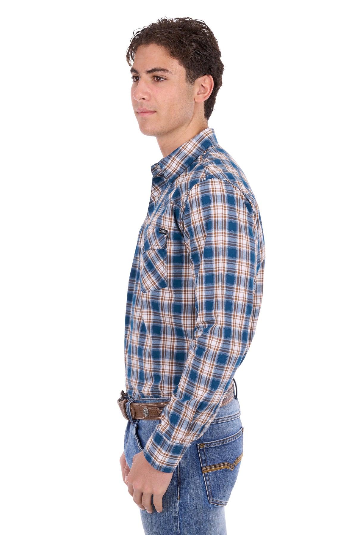 Pure Western Men’s Todd Long Sleeve Shirt – Navy/Tan