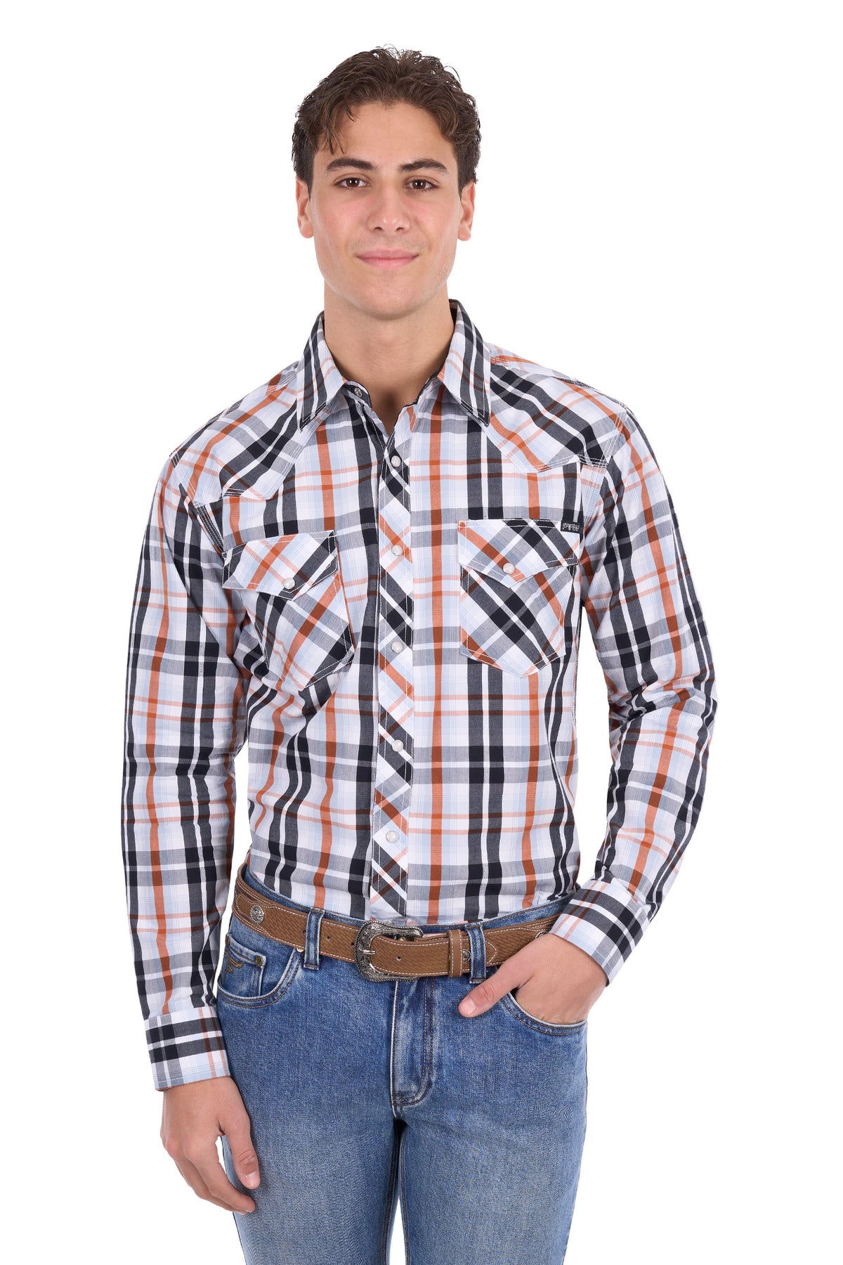 Pure Western Men’s Terry Long Sleeve Shirt – Black/Rust
