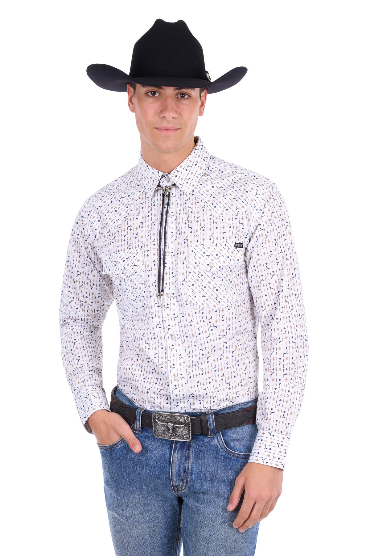 Pure Western Men’s Keith Long Sleeve Shirt – Navy/Tan