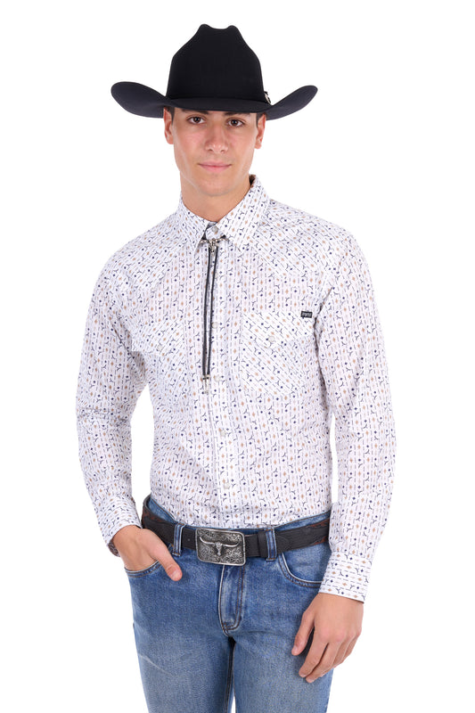 Pure Western Men’s Keith Long Sleeve Shirt – Navy/Tan