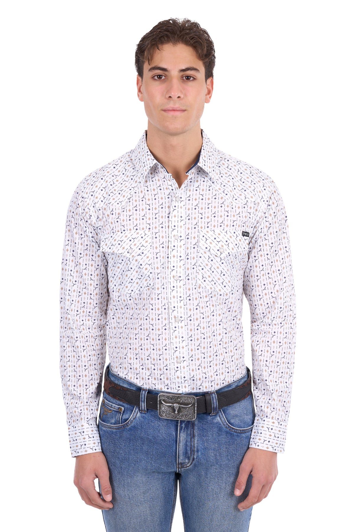 Pure Western Men’s Keith Long Sleeve Shirt – Navy/Tan