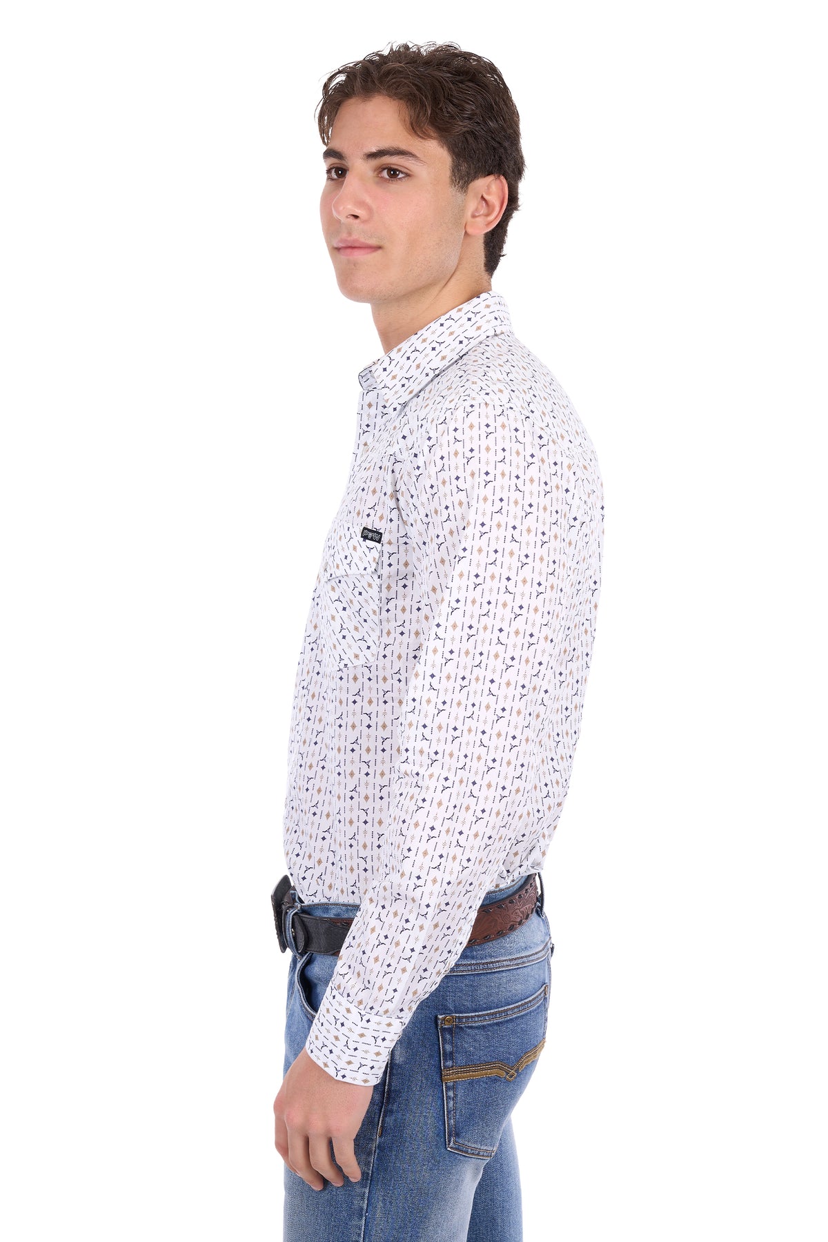 Pure Western Men’s Keith Long Sleeve Shirt – Navy/Tan