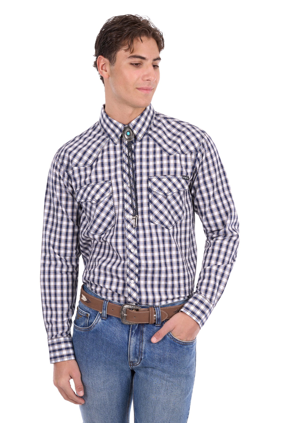 Pure Western Men’s George Long Sleeve Shirt – Navy/Tan