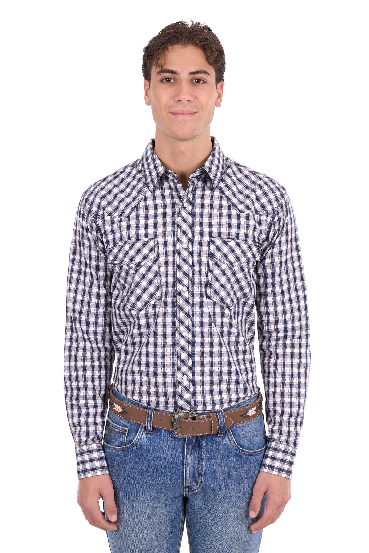 Pure Western Men’s George Long Sleeve Shirt – Navy/Tan