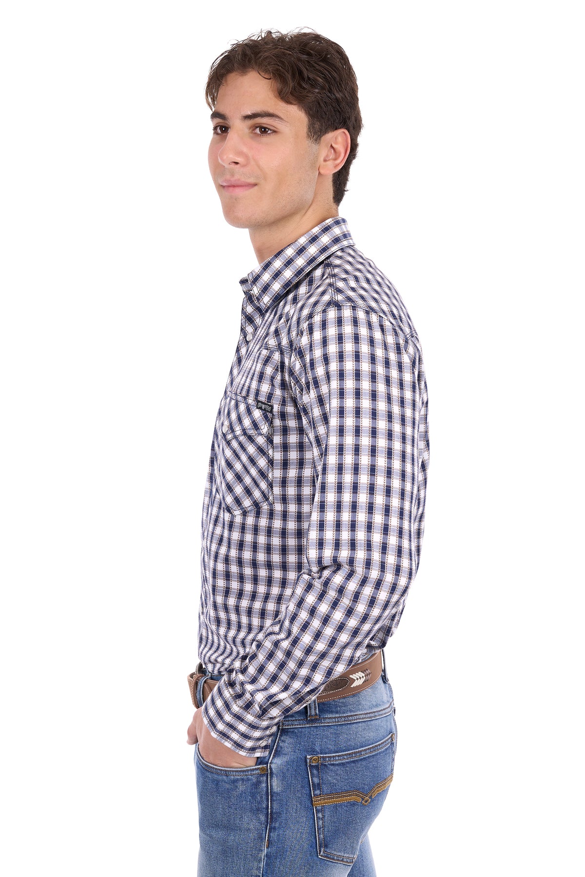Pure Western Men’s George Long Sleeve Shirt – Navy/Tan
