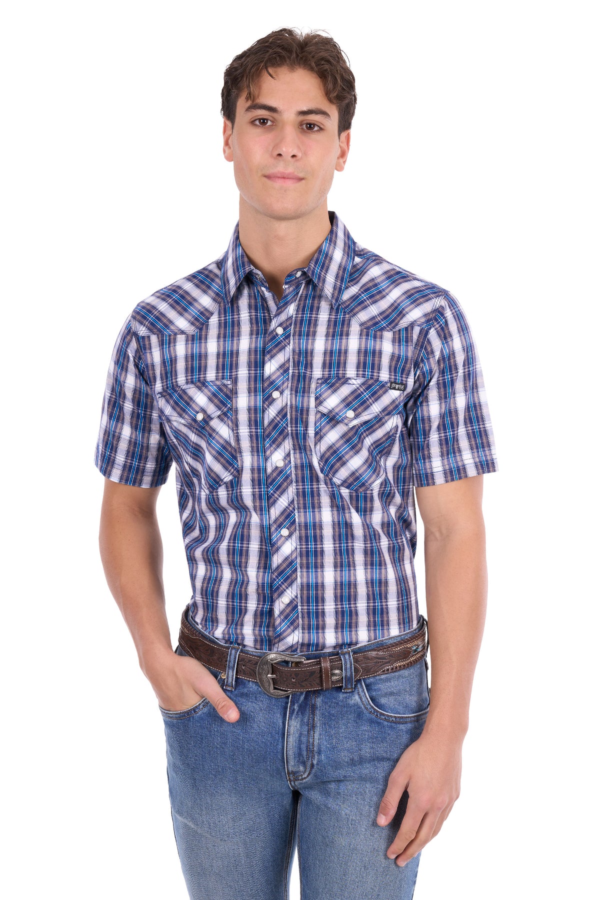 Pure Western Men’s Larry Short Sleeve Shirt – Navy/Blue