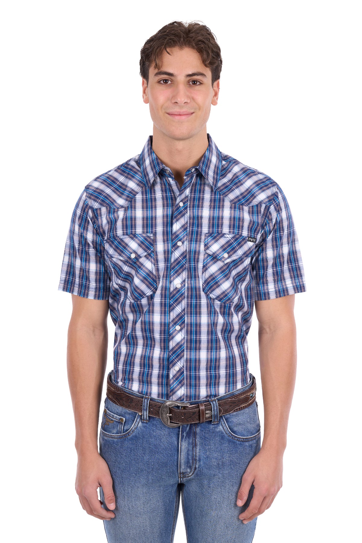 Pure Western Men’s Larry Short Sleeve Shirt – Navy/Blue