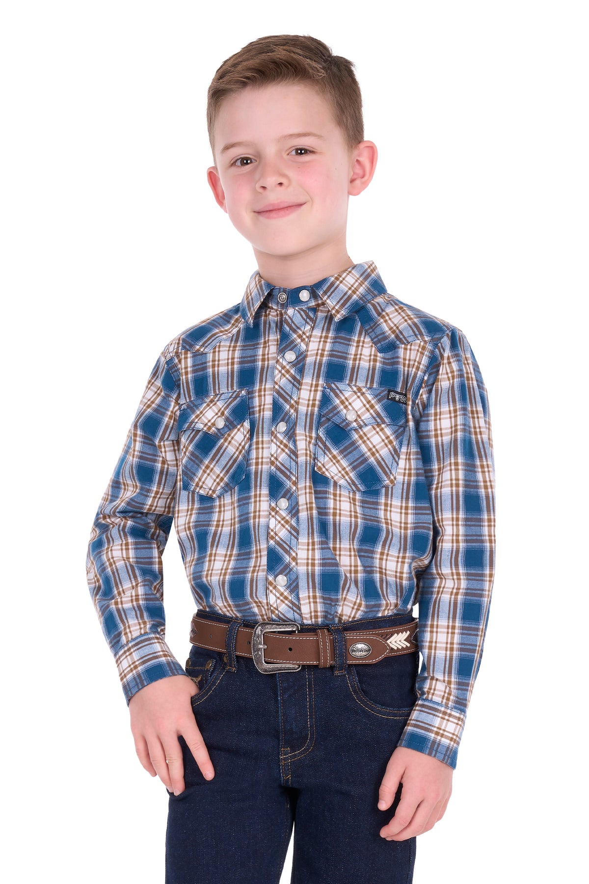 Pure Western Boys’ Todd Long Sleeve Shirt – Navy/Tan
