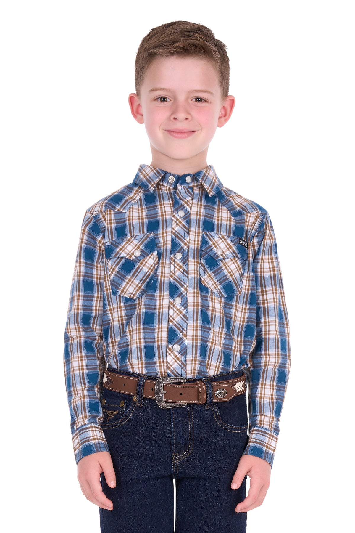 Pure Western Boys’ Todd Long Sleeve Shirt – Navy/Tan